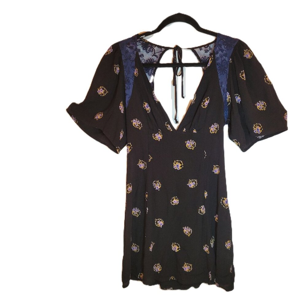 Free People Mockingbird Mini Dress Black Floral Lace Details Size 2
